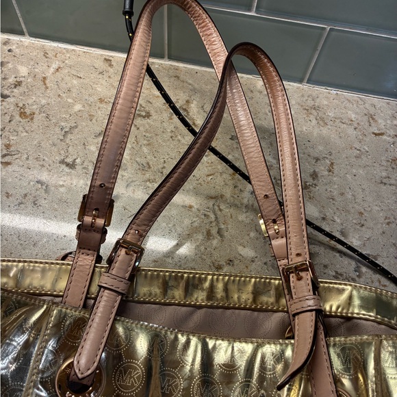 Michael Kors Metallic Gold Logo Tote with Leather Trim - Picture 3 of 11